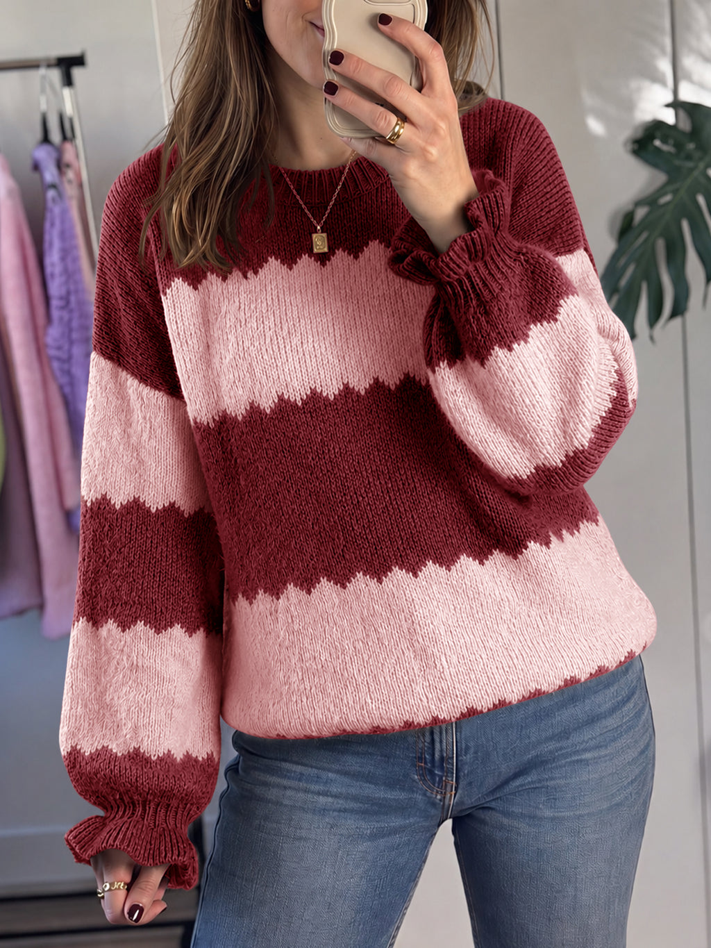 Saodimallsu Womens Striped Color Block Ruffle Sweaters