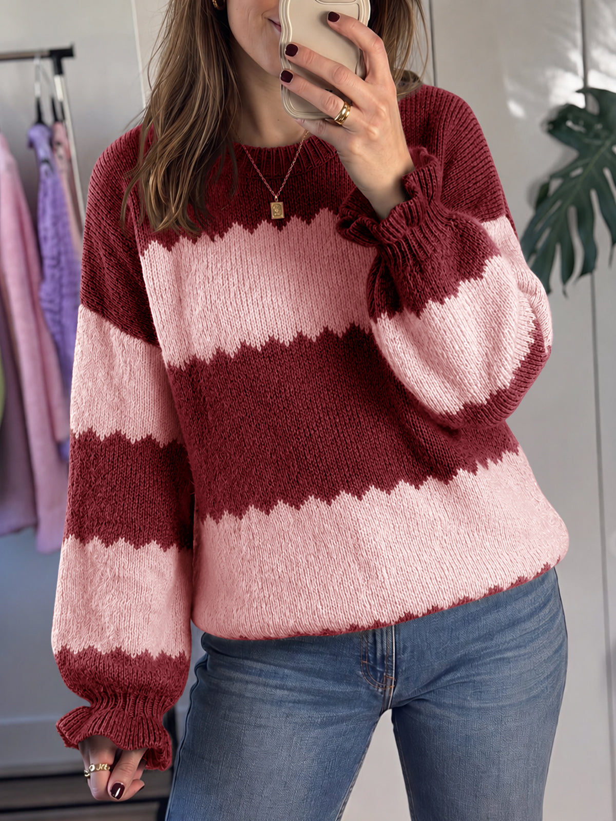 Saodimallsu Womens Striped Color Block Ruffle Sweaters