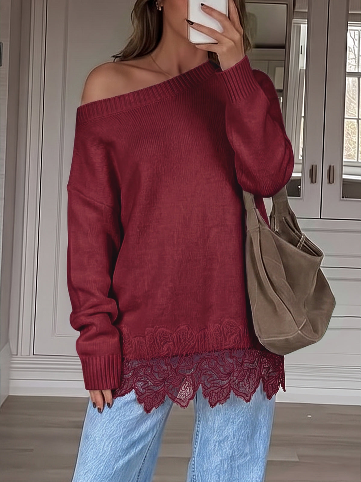 Saodimallsu Women Lace Patchwork Sweater
