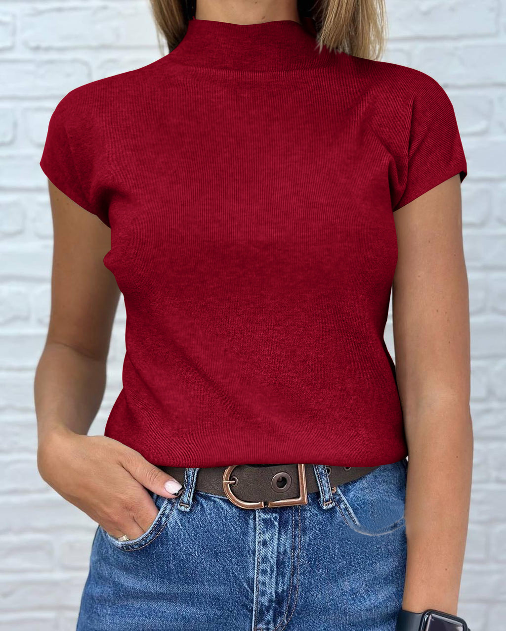 Saodimallsu Womens Mock Neck Short Sleeve Sweater