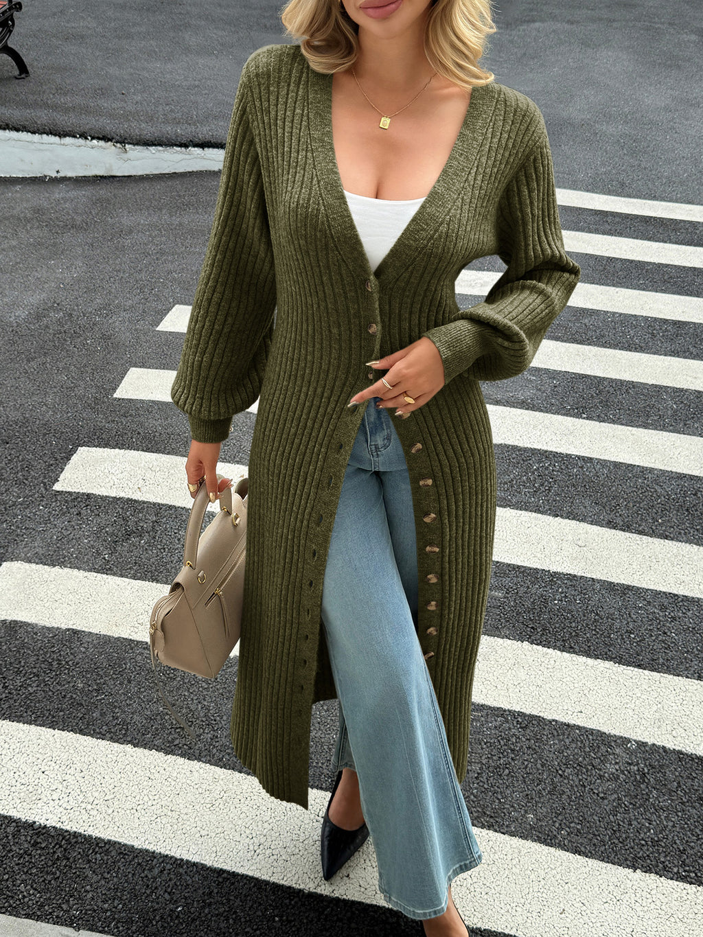 Saodimallsu Army Green Womens V Neck Cardigan