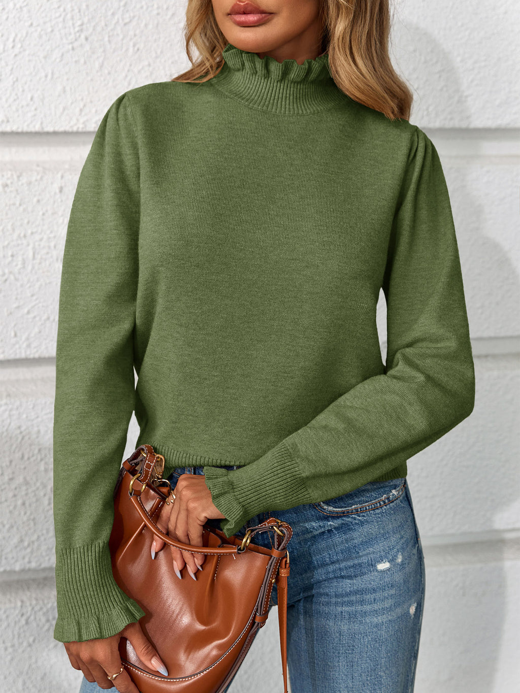 Saodimallsu Womens Ruffle Mock Neck Sweater