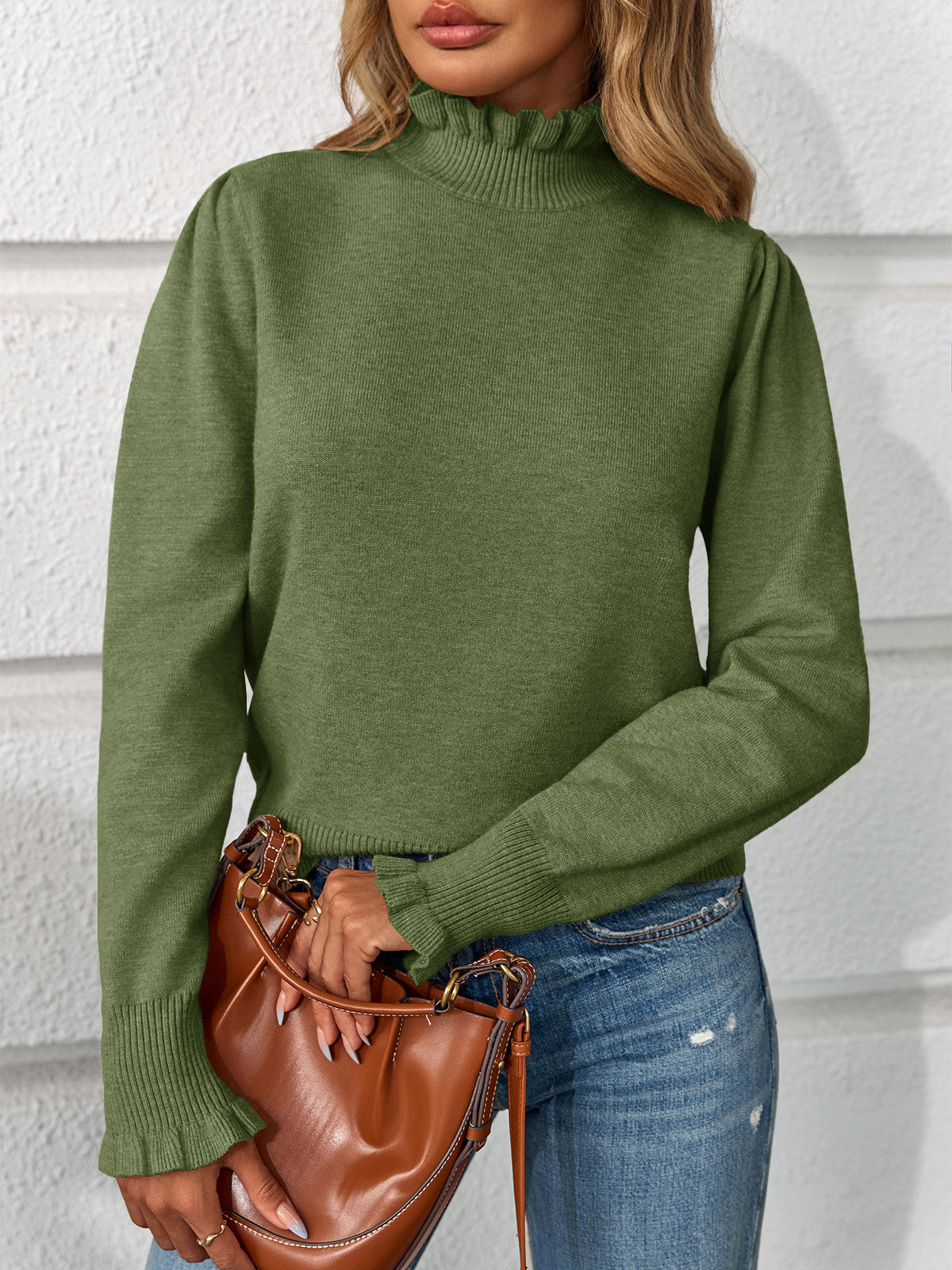 Saodimallsu Womens Ruffle Mock Neck Sweater