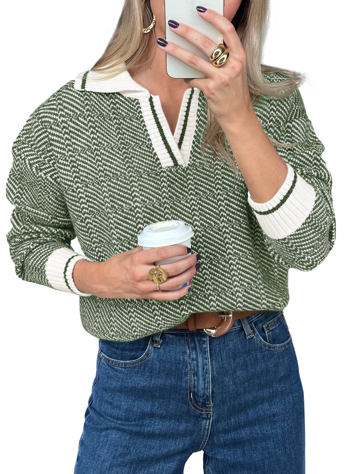 Saodimallsu Womens Fall Lapel V Neck Knit Sweaters