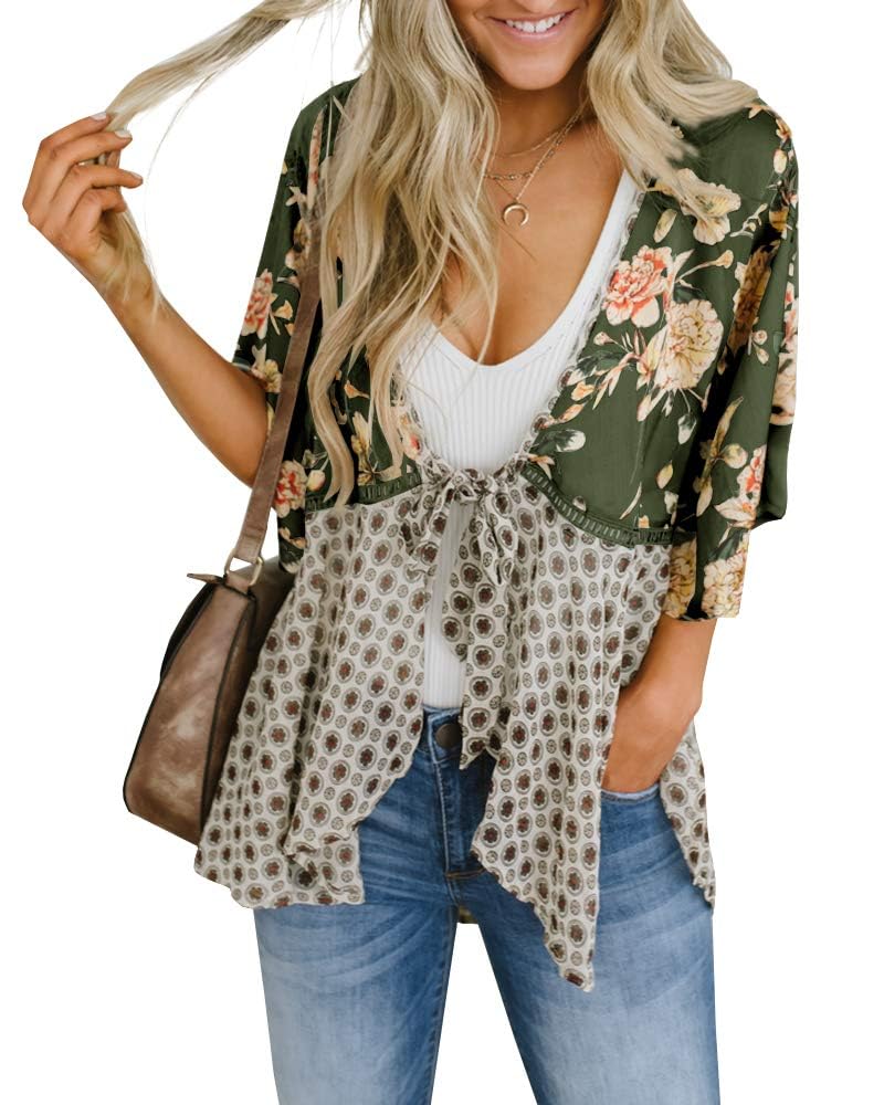 Saodimallsu Womens Tie Front Floral Kimono Cardigans