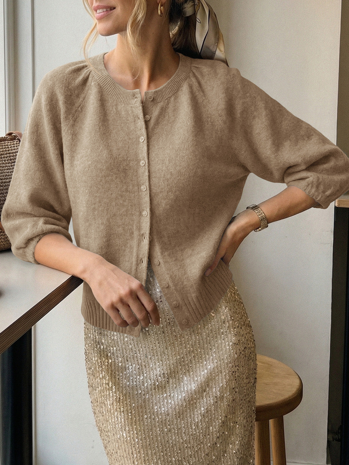 Saodimallsu Womens Puff Sleeve Knit Cardigan