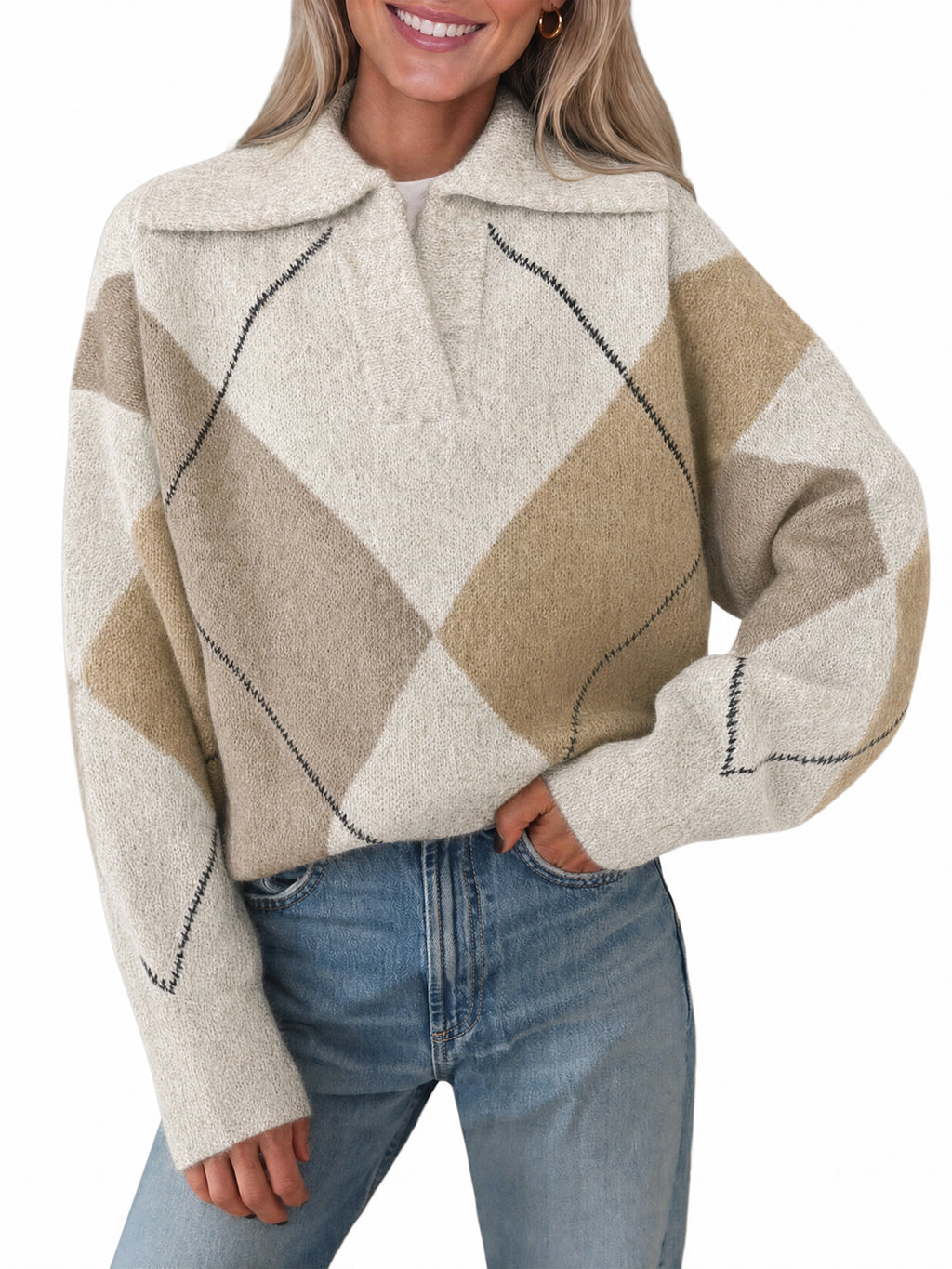 Saodimallsu Womens Collared V Neck Argyle Sweater