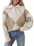 Saodimallsu Womens Collared V Neck Argyle Sweater