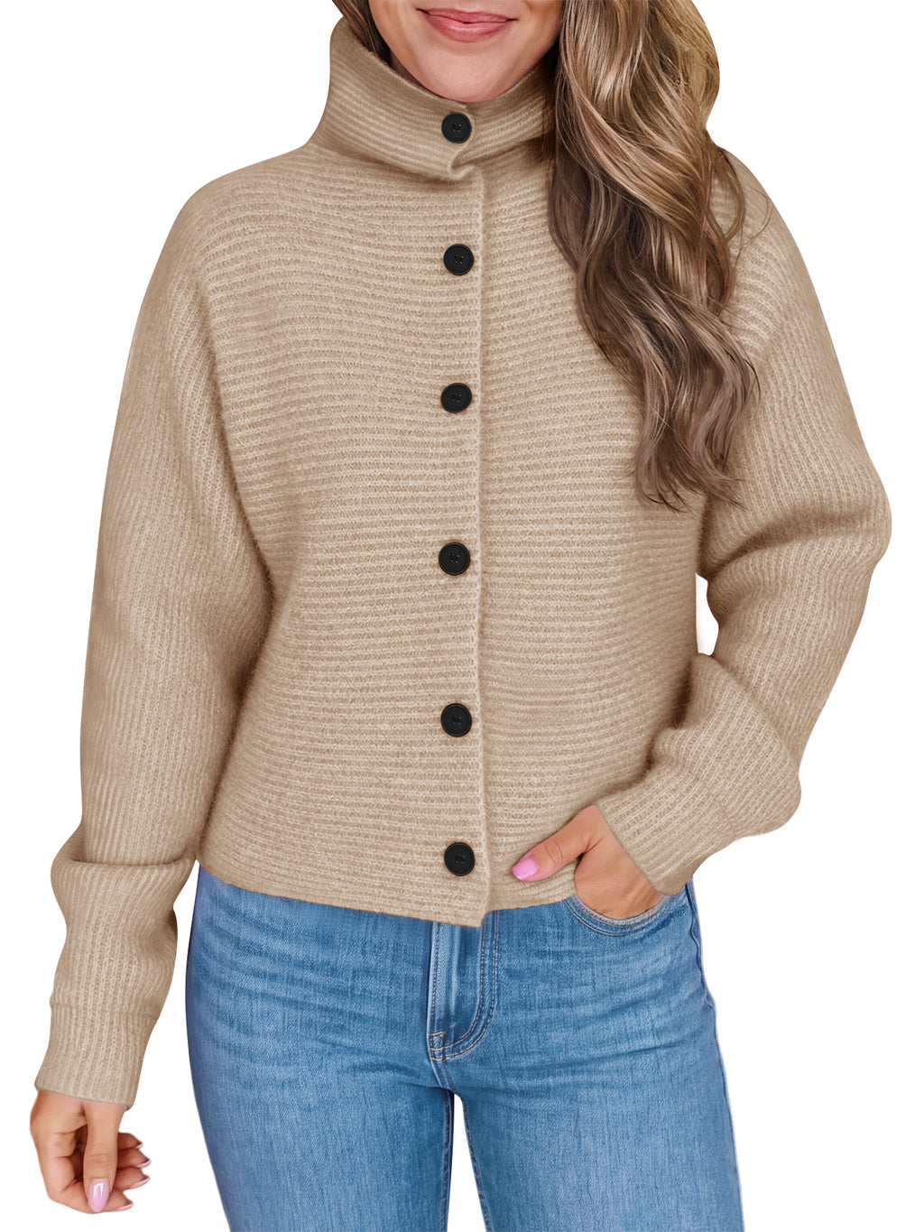 Saodimallsu Womens Mock Neck Button Cardigan
