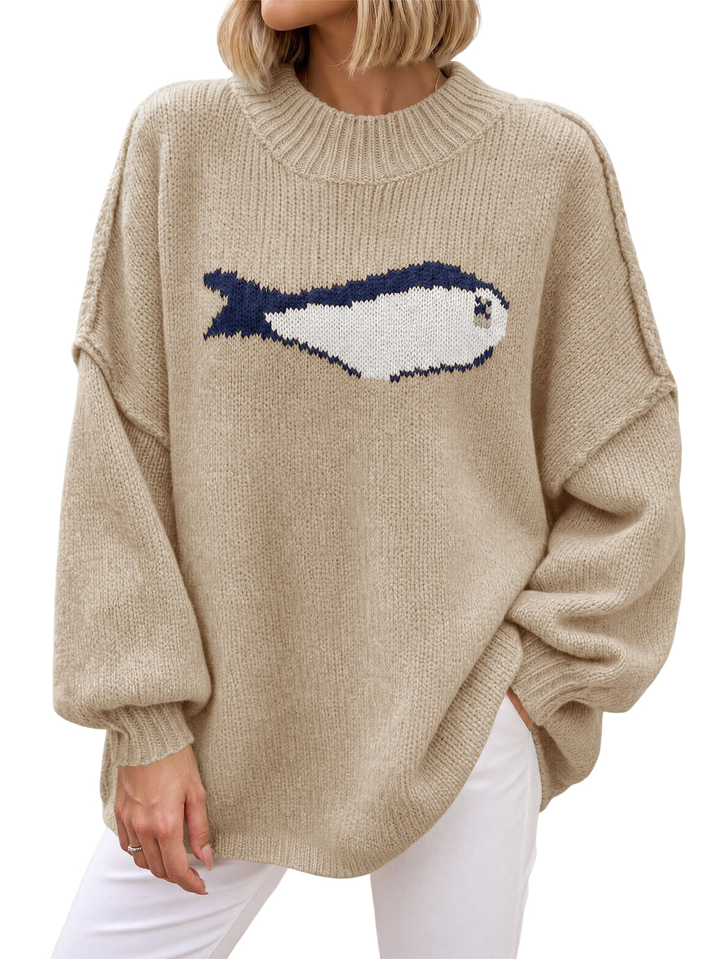 Saodimallsu Womens Fish Graphic Oversized Sweater