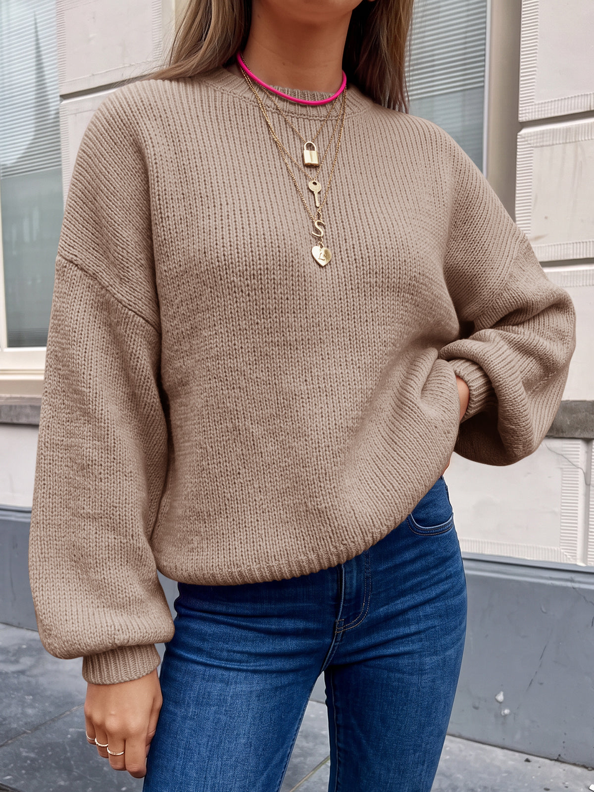 Saodimallsu Womens Crew Neck Slouchy Knit Pullover