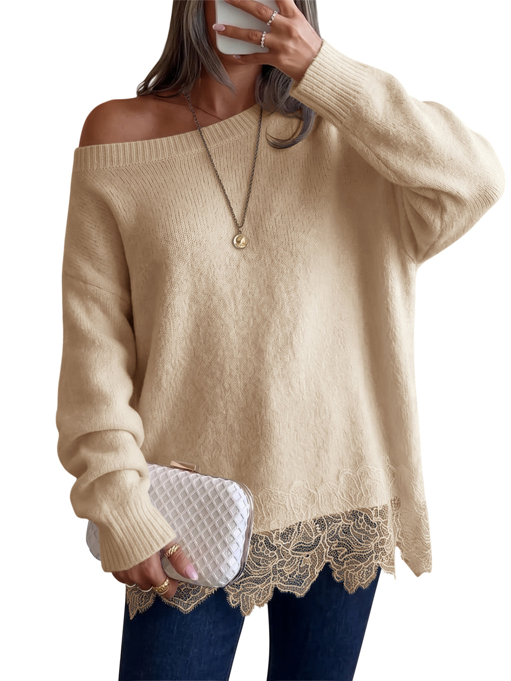 Saodimallsu Women Lace Patchwork Sweater