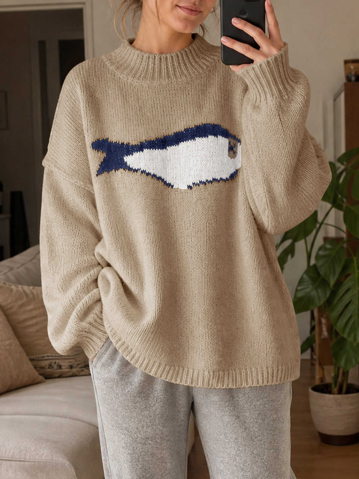 Saodimallsu Womens Fish Graphic Oversized Sweater