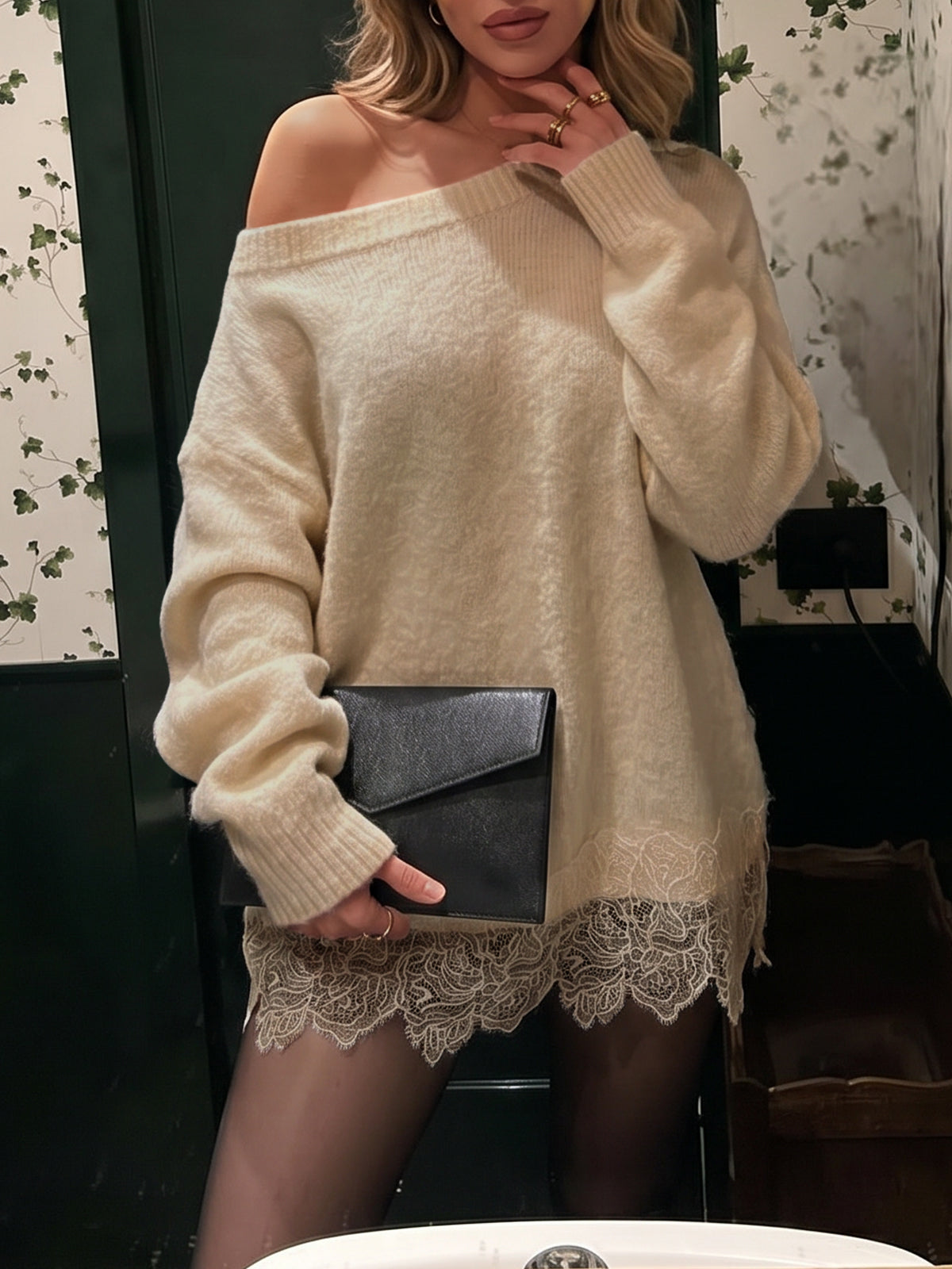 Saodimallsu Women Lace Patchwork Sweater