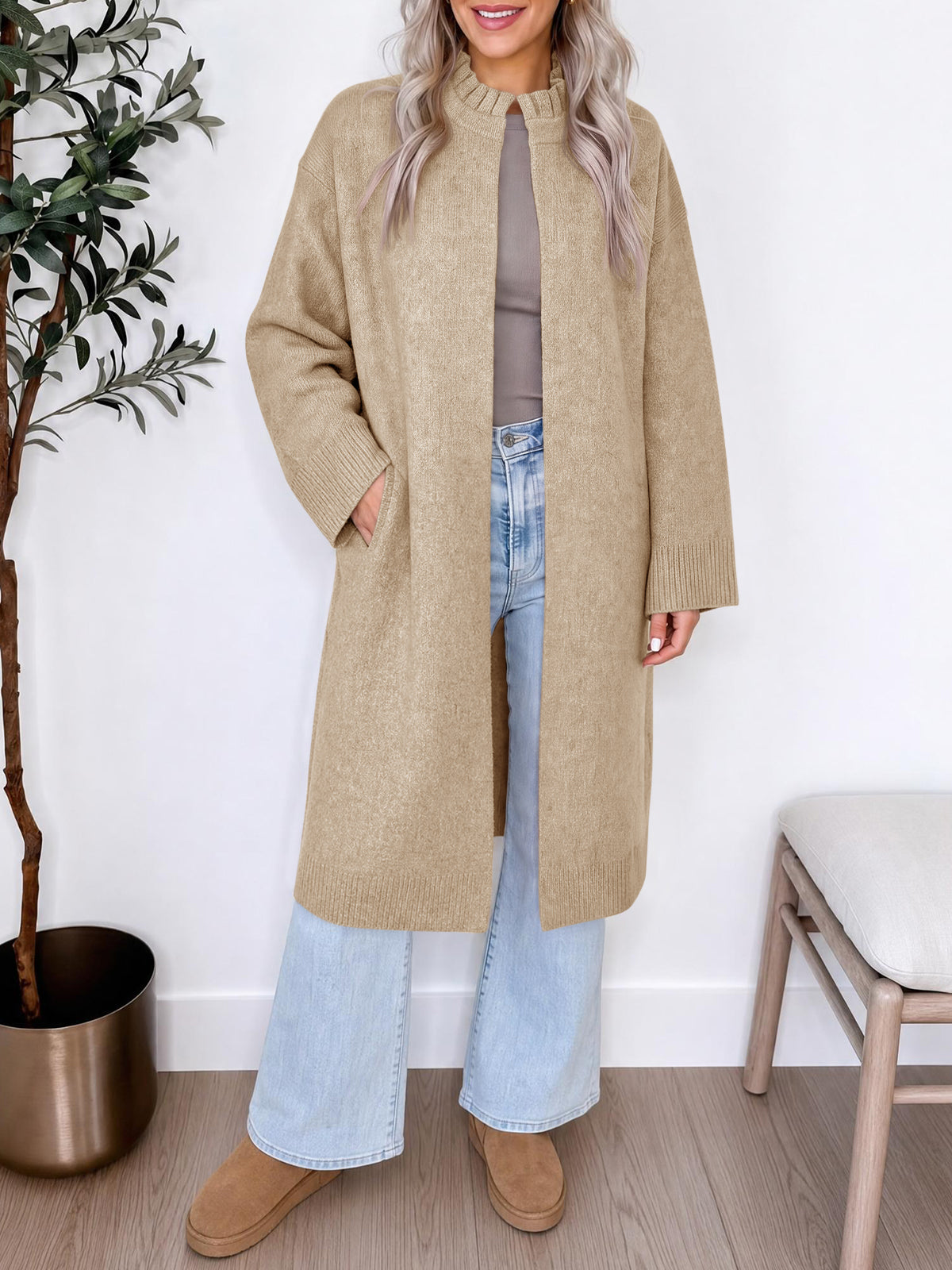 Saodimallsu Womens Ruffle Mock Neck Long Cardigan