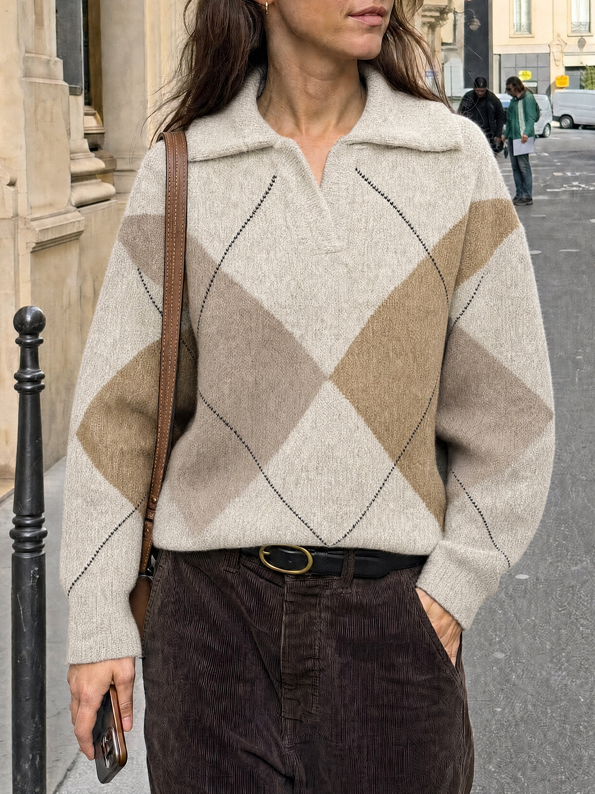 Saodimallsu Womens Collared V Neck Argyle Sweater