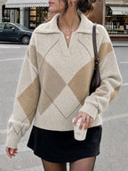 Saodimallsu Womens Collared V Neck Argyle Sweater