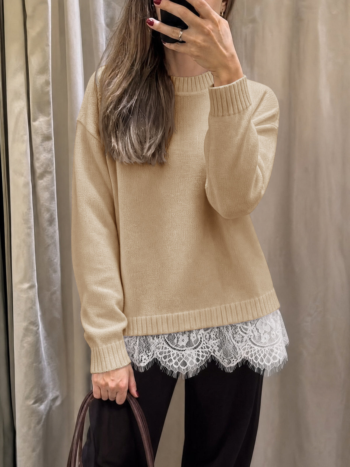 Saodimallsu Womens Lace Patchwork Knit Sweater