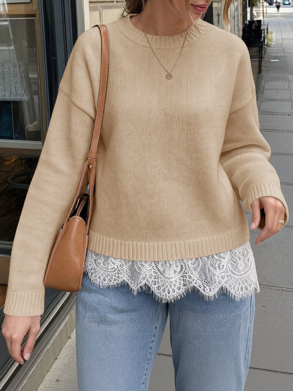 Saodimallsu Womens Lace Patchwork Knit Sweater