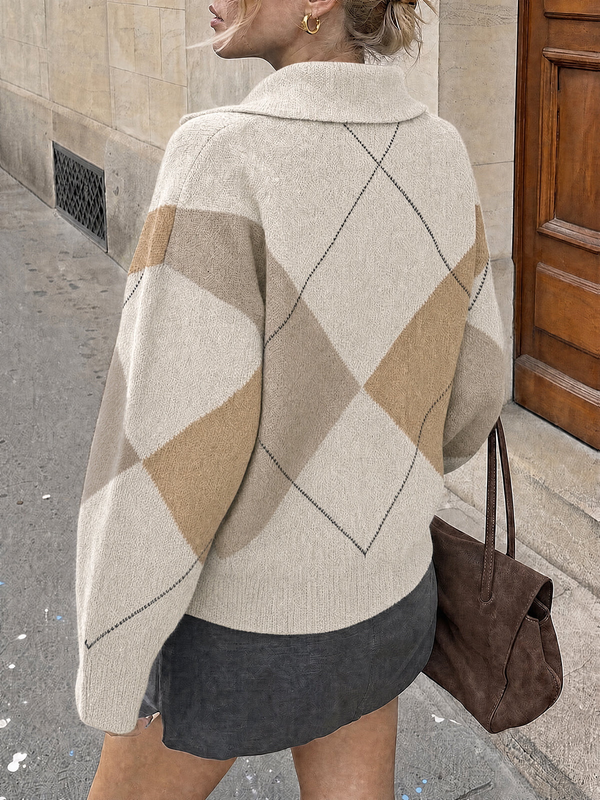 Saodimallsu Womens Collared V Neck Argyle Sweater
