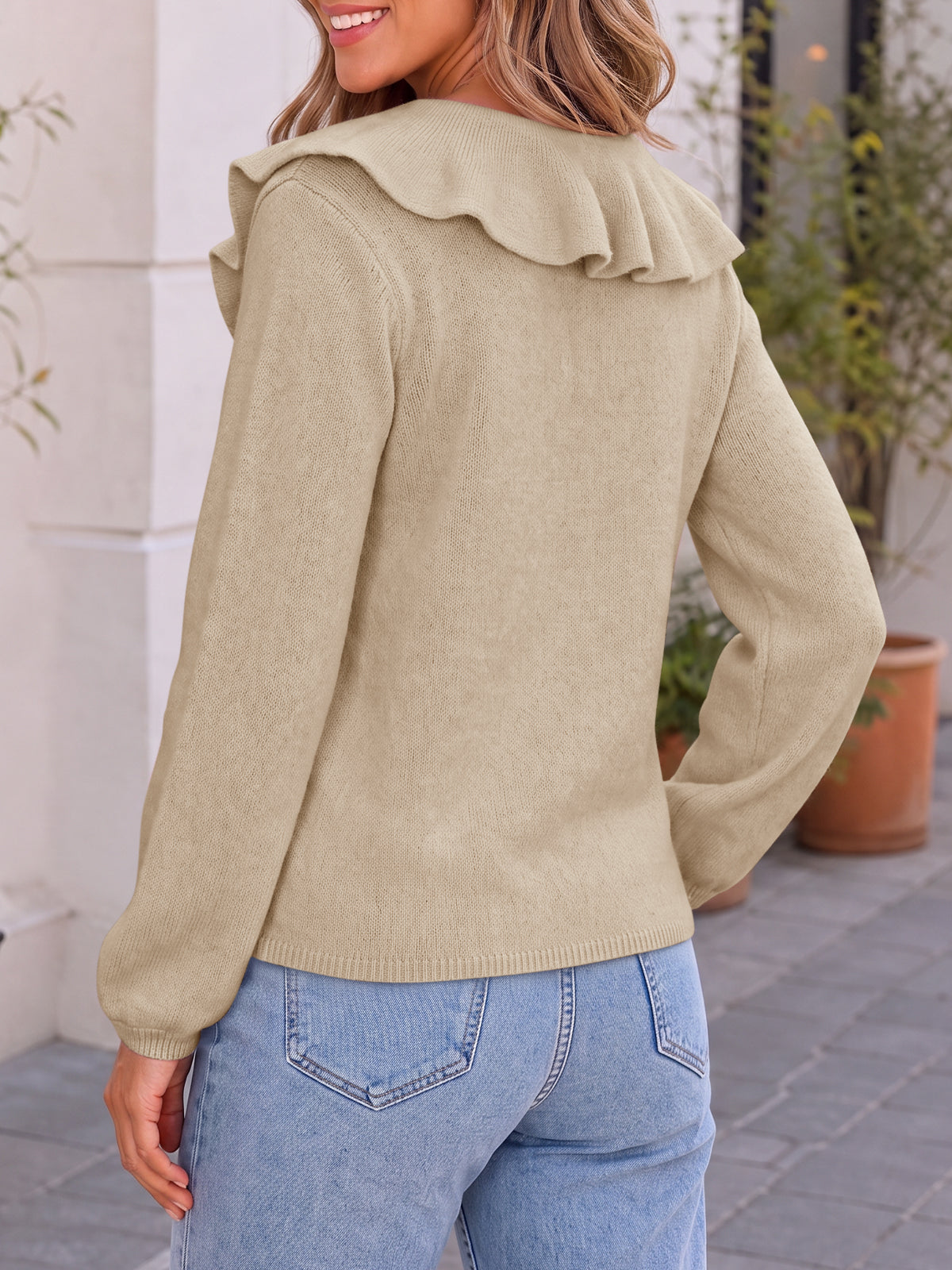 Saodimallsu Womens Ruffle V Neck Sweaters
