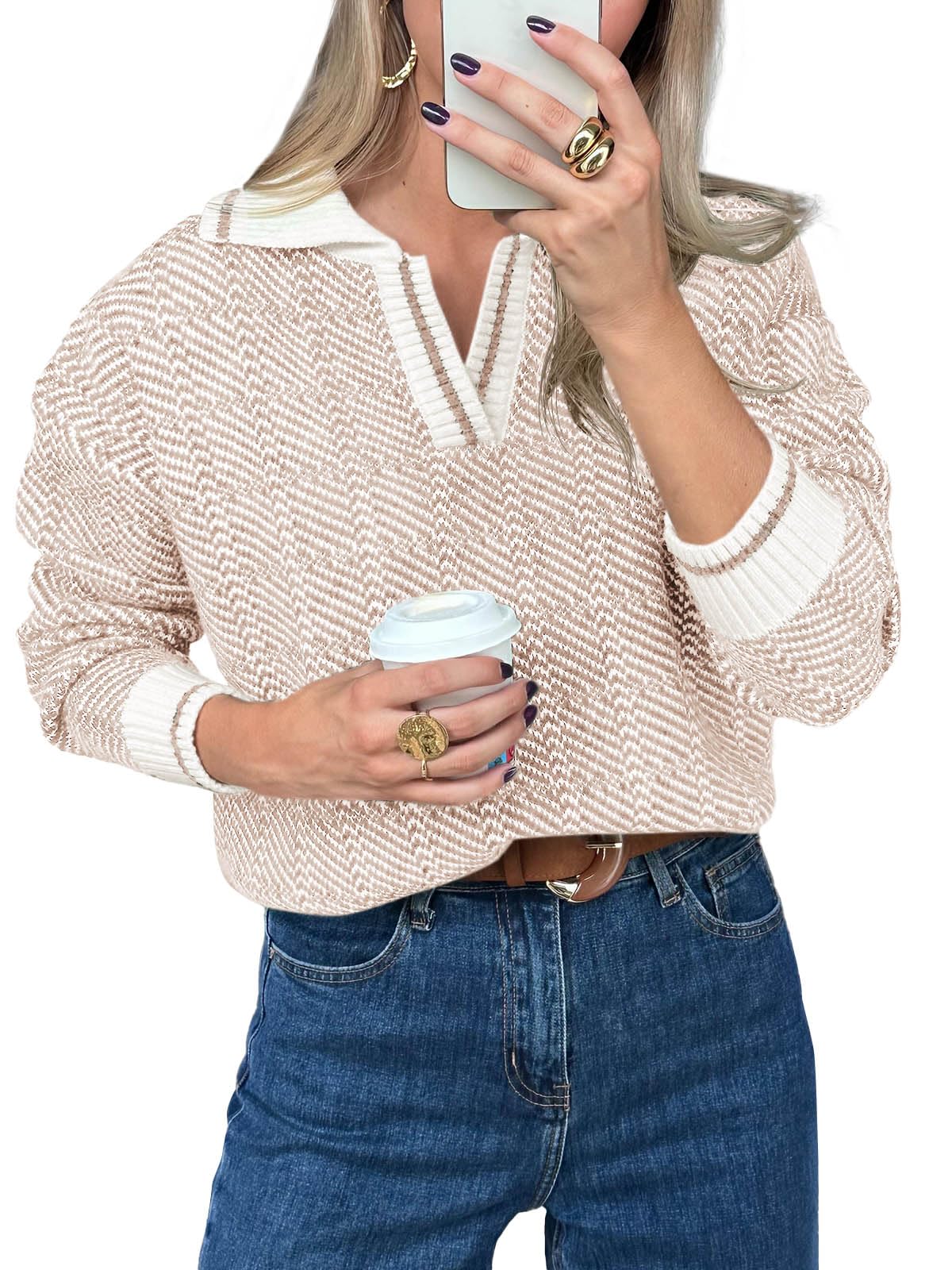 Saodimallsu Womens Fall Lapel V Neck Knit Sweaters