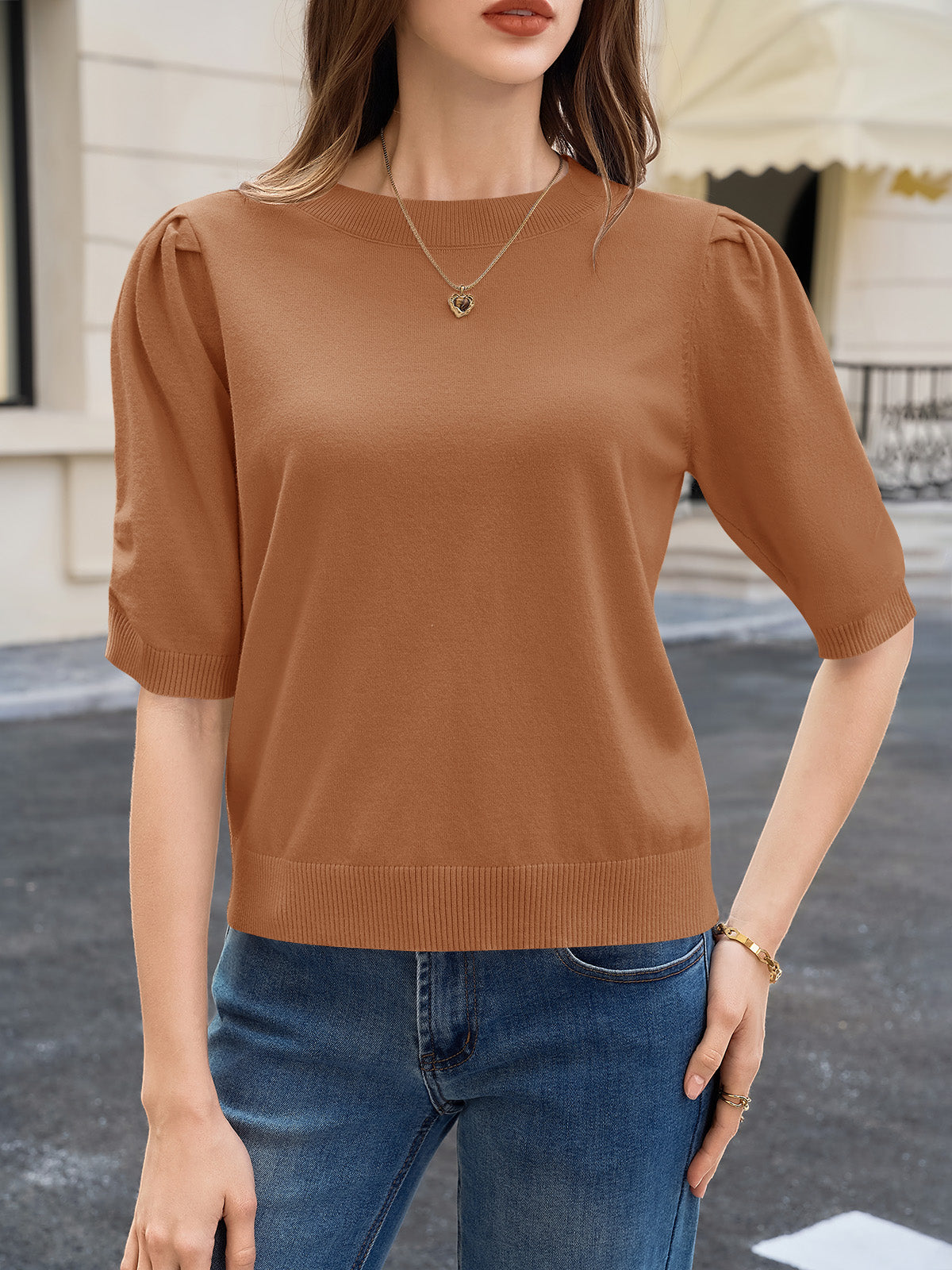 Saodimallsu Womens Puff Sleeve Ruffle Knit Pullover