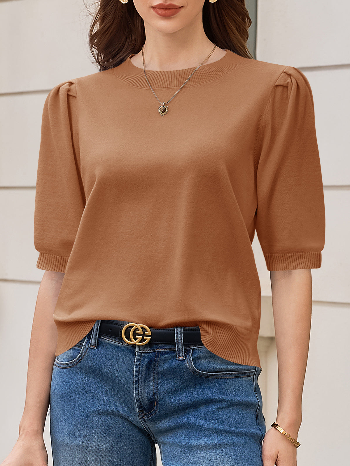 Saodimallsu Womens Puff Sleeve Ruffle Knit Pullover