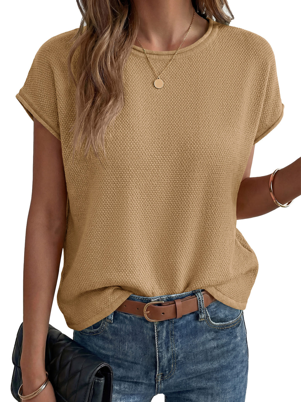 Saodimallsu Womens Waffle Knit Cap Sleeve Top