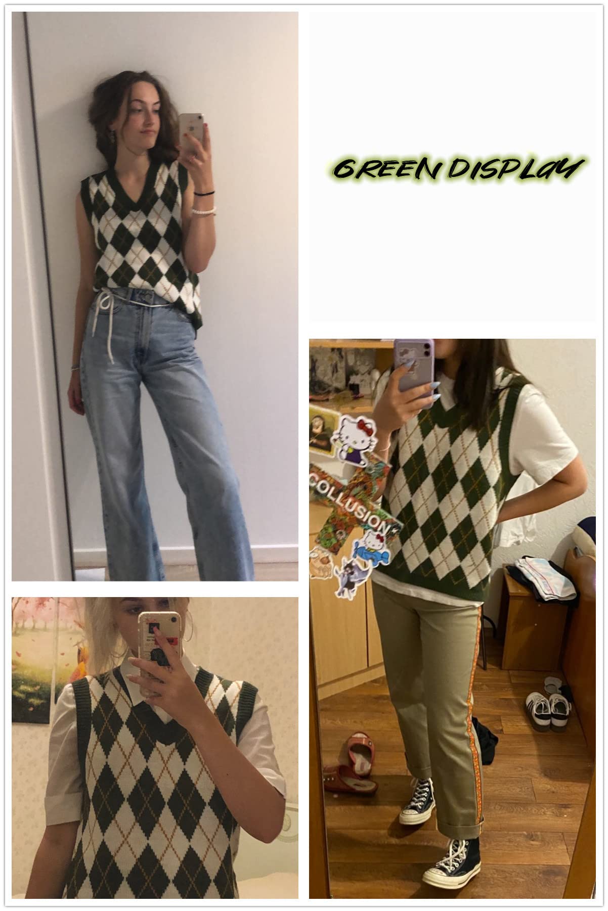 Saodimallsu Womens V Neck Argyle Knit Tops