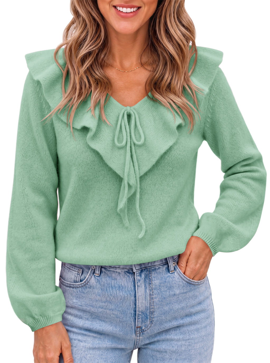 Saodimallsu Womens Ruffle V Neck Sweaters