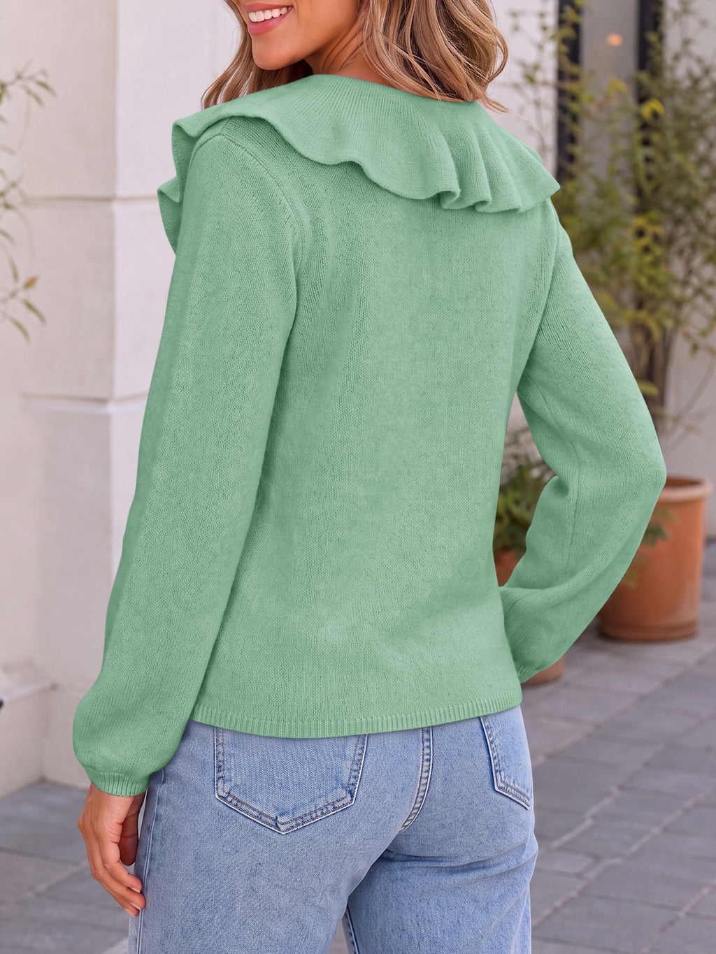 Saodimallsu Womens Ruffle V Neck Sweaters