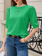 Saodimallsu Womens Puff Sleeve Ruffle Knit Pullover