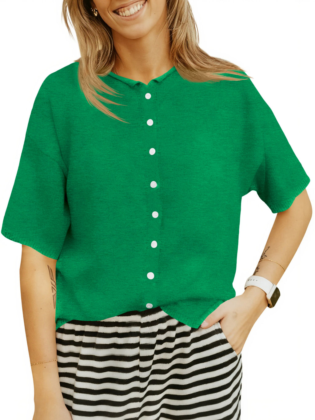 Saodimallsu Womens Crew Neck Button Cardigan