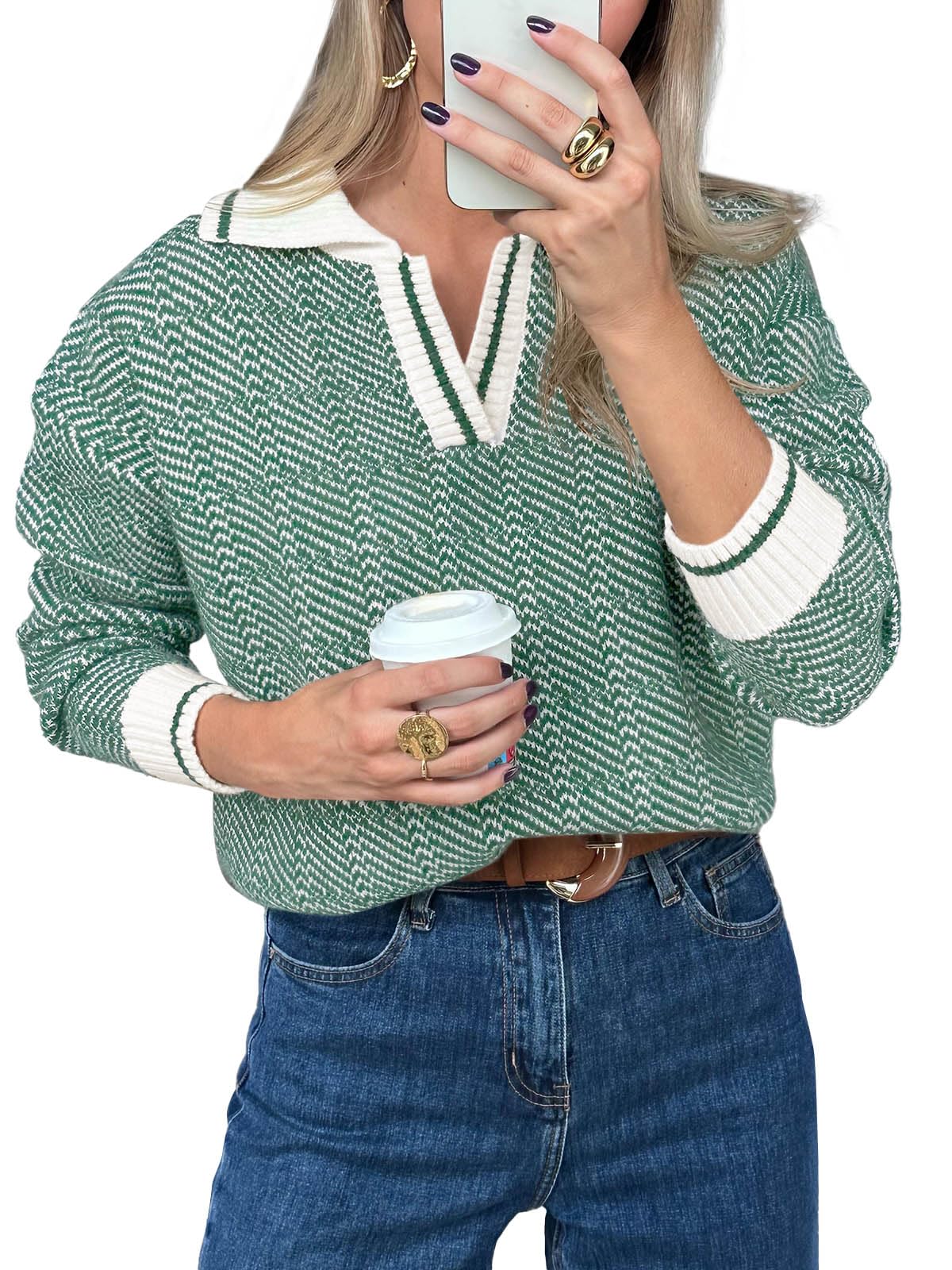 Saodimallsu Womens Fall Lapel V Neck Knit Sweaters