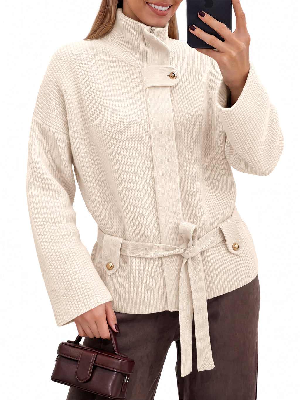 Saodimallsu Womens Zip Up Stand Collar Sweater
