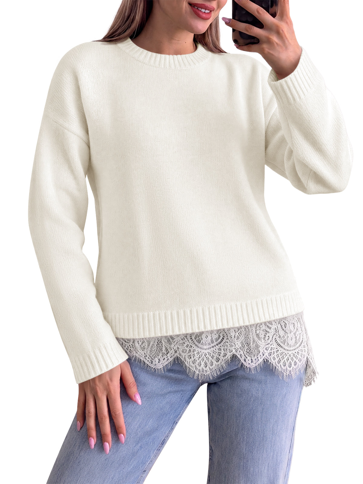 Saodimallsu Womens Lace Patchwork Knit Sweater