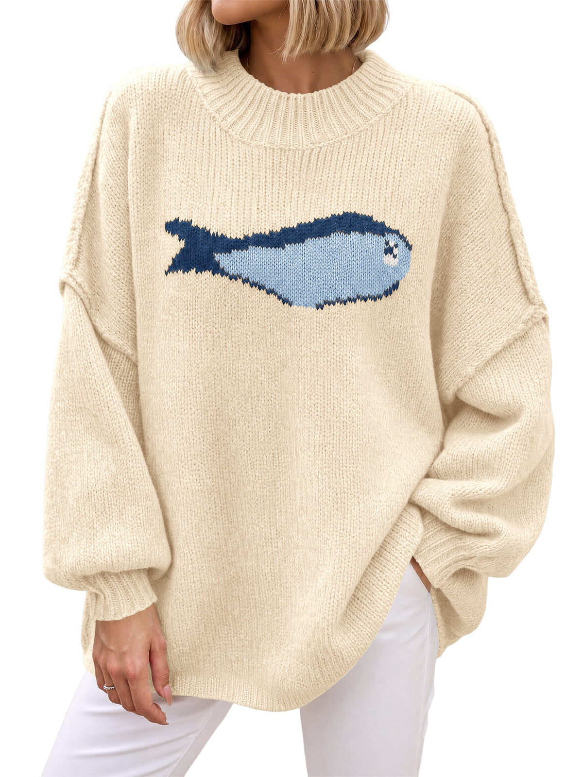 Saodimallsu Womens Fish Graphic Oversized Sweater
