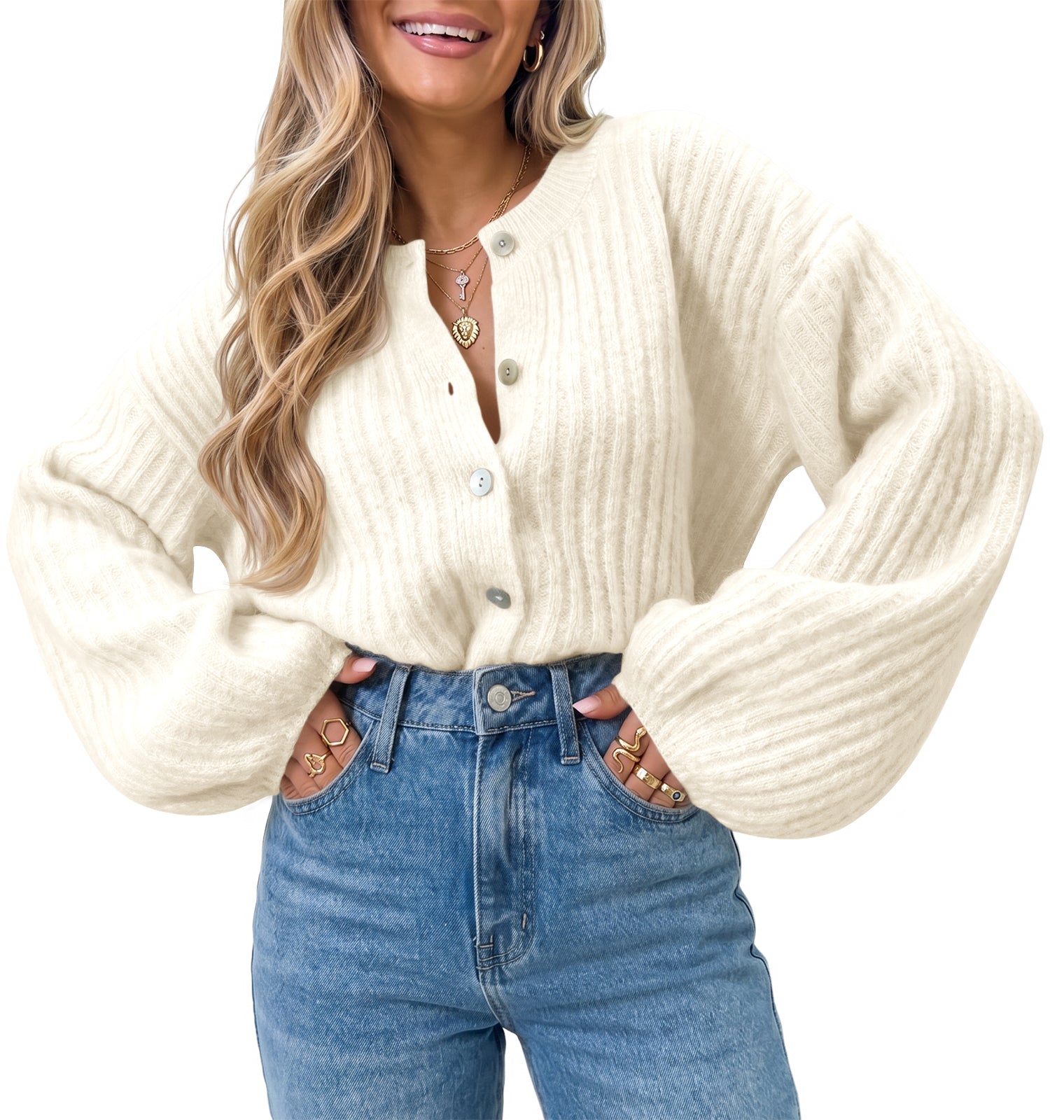 Saodimallsu Womens Lantern Sleeve Button Down Cardigan