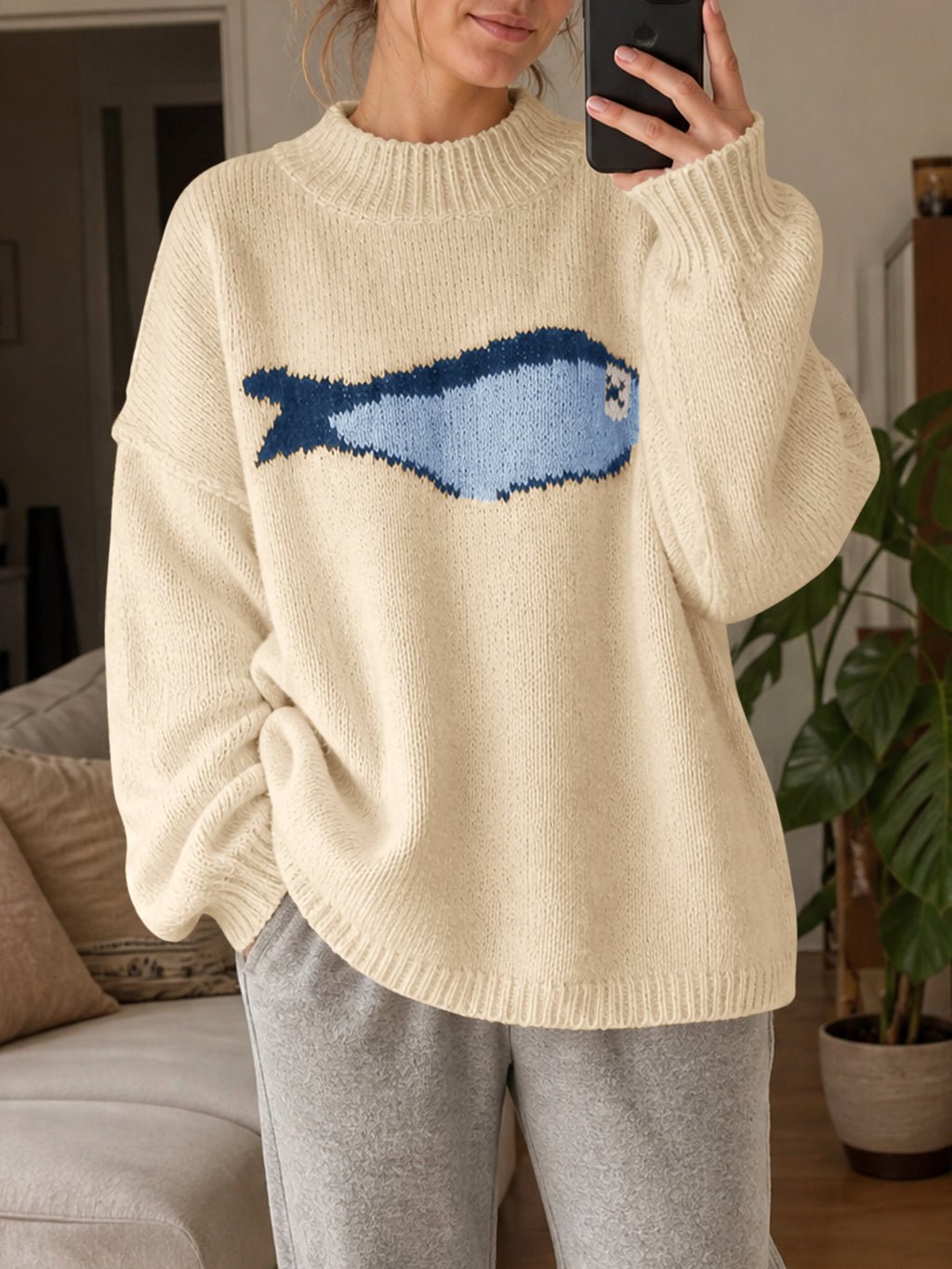 Saodimallsu Womens Fish Graphic Oversized Sweater