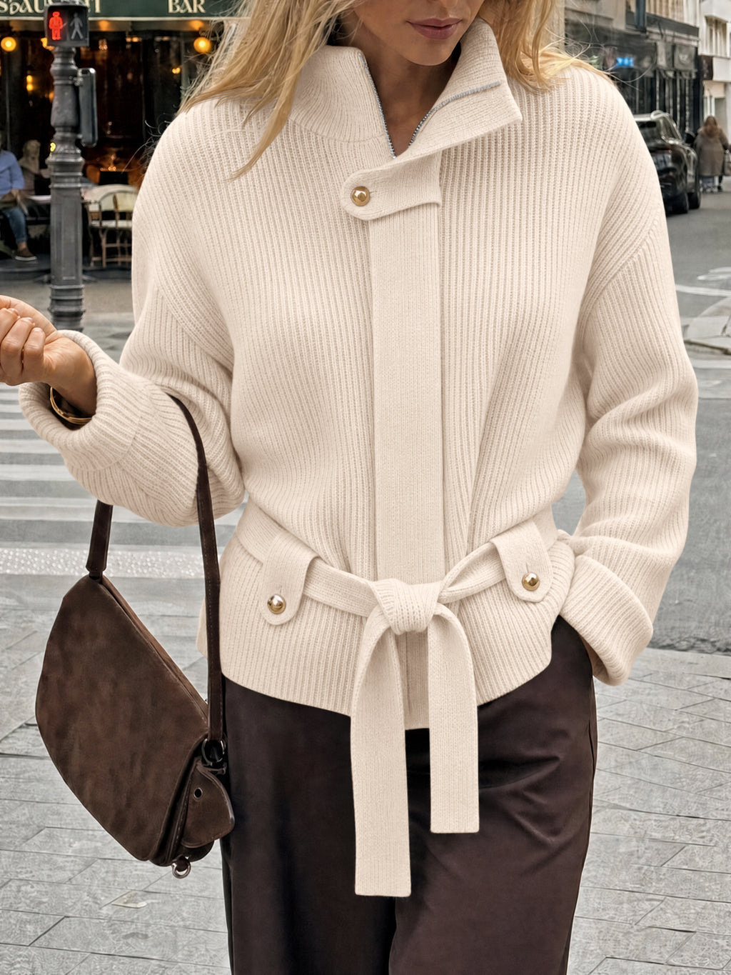 Saodimallsu Womens Zip Up Stand Collar Sweater