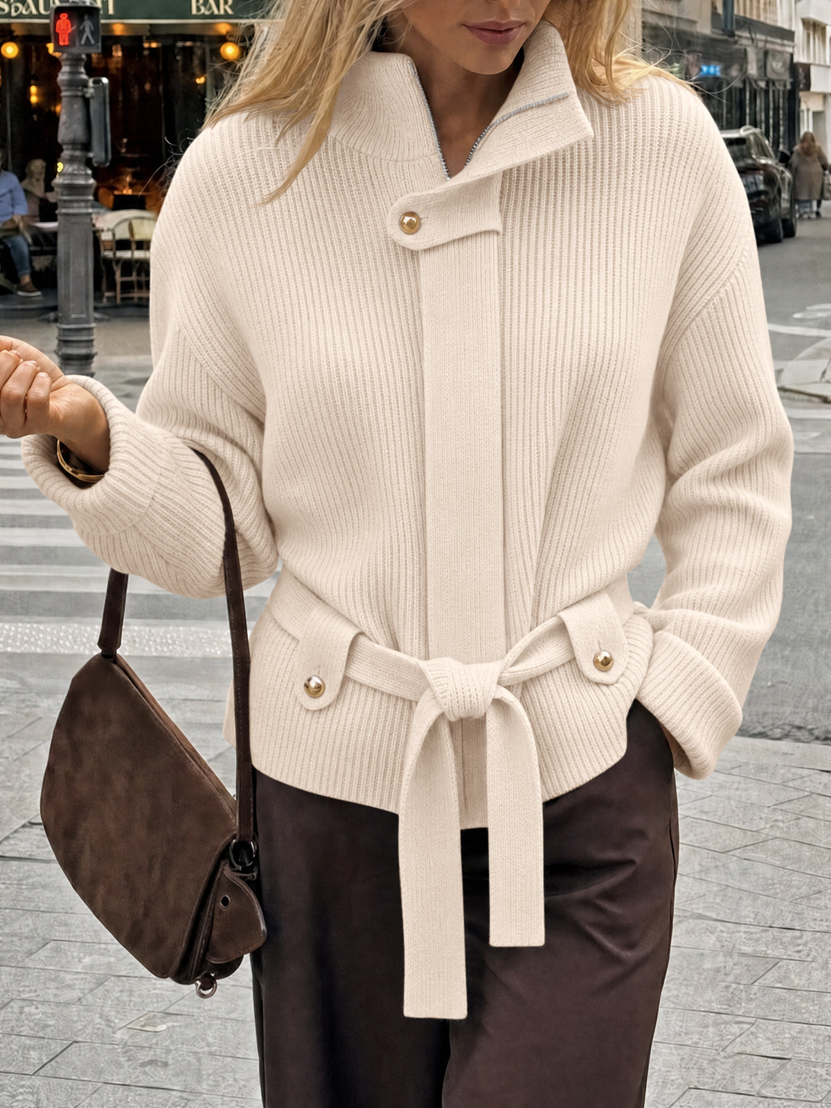 Saodimallsu Womens Zip Up Stand Collar Sweater