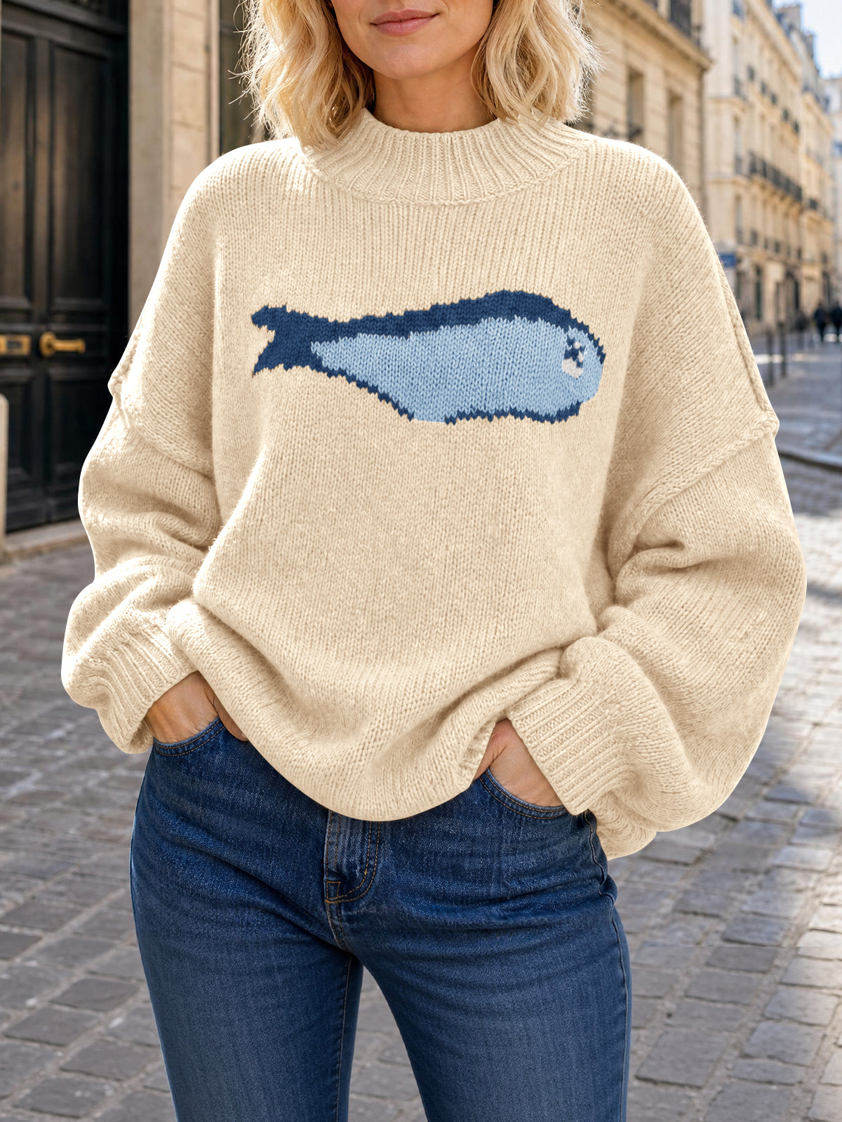 Saodimallsu Womens Fish Graphic Oversized Sweater