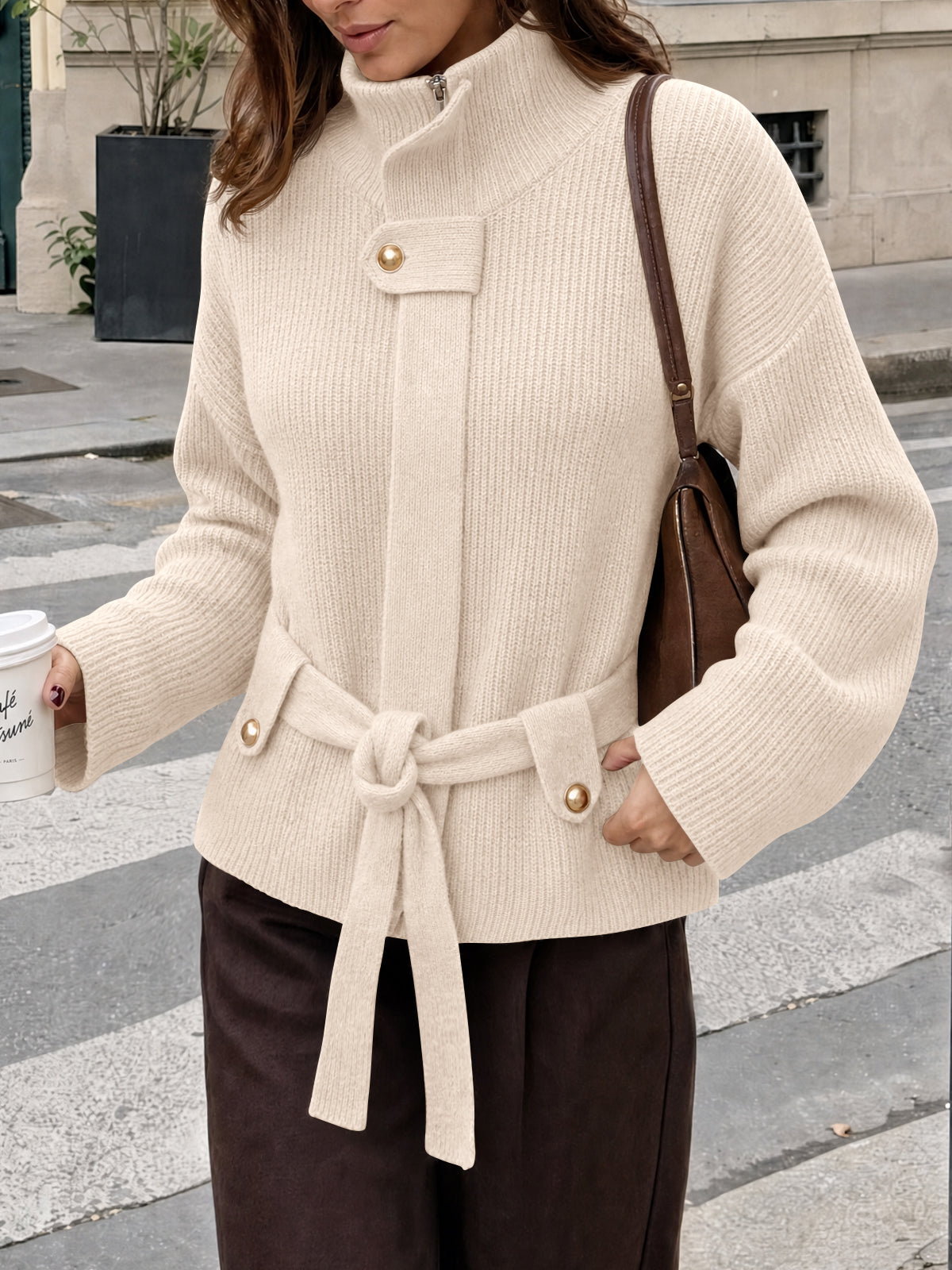 Saodimallsu Womens Zip Up Stand Collar Sweater