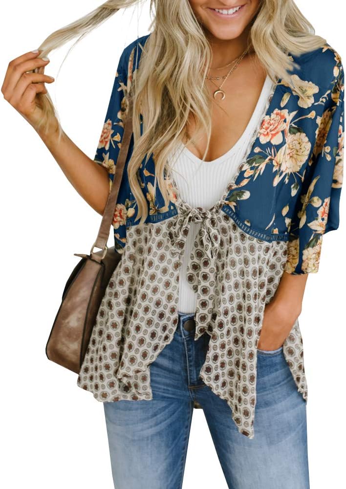 Saodimallsu Womens Tie Front Floral Kimono Cardigans