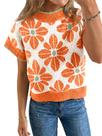 Saodimallsu Womens Floral Short Sleeve Knit Pullover
