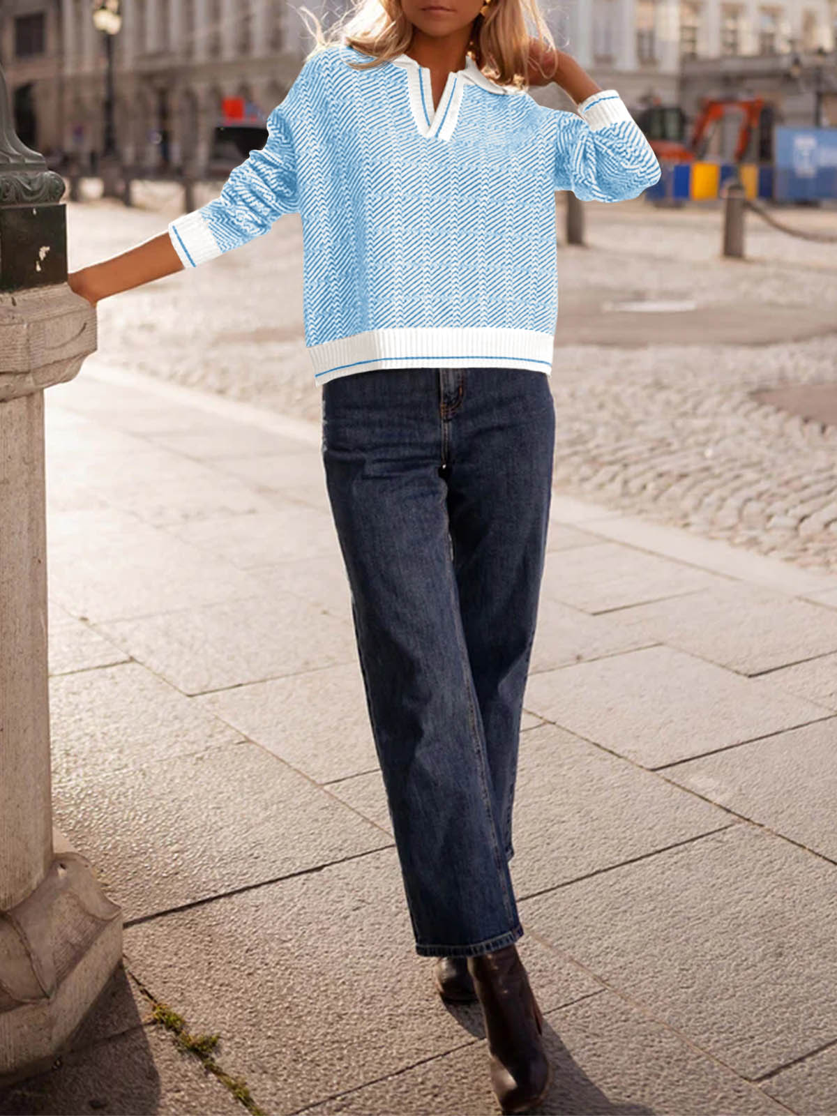Saodimallsu Womens Fall Lapel V Neck Knit Sweaters