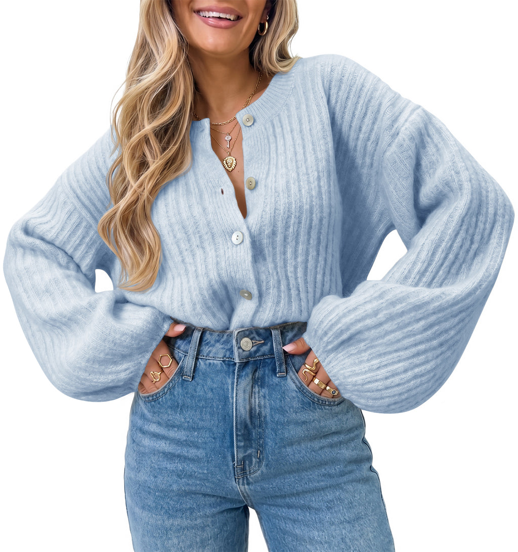 Saodimallsu Womens Lantern Sleeve Button Down Cardigan