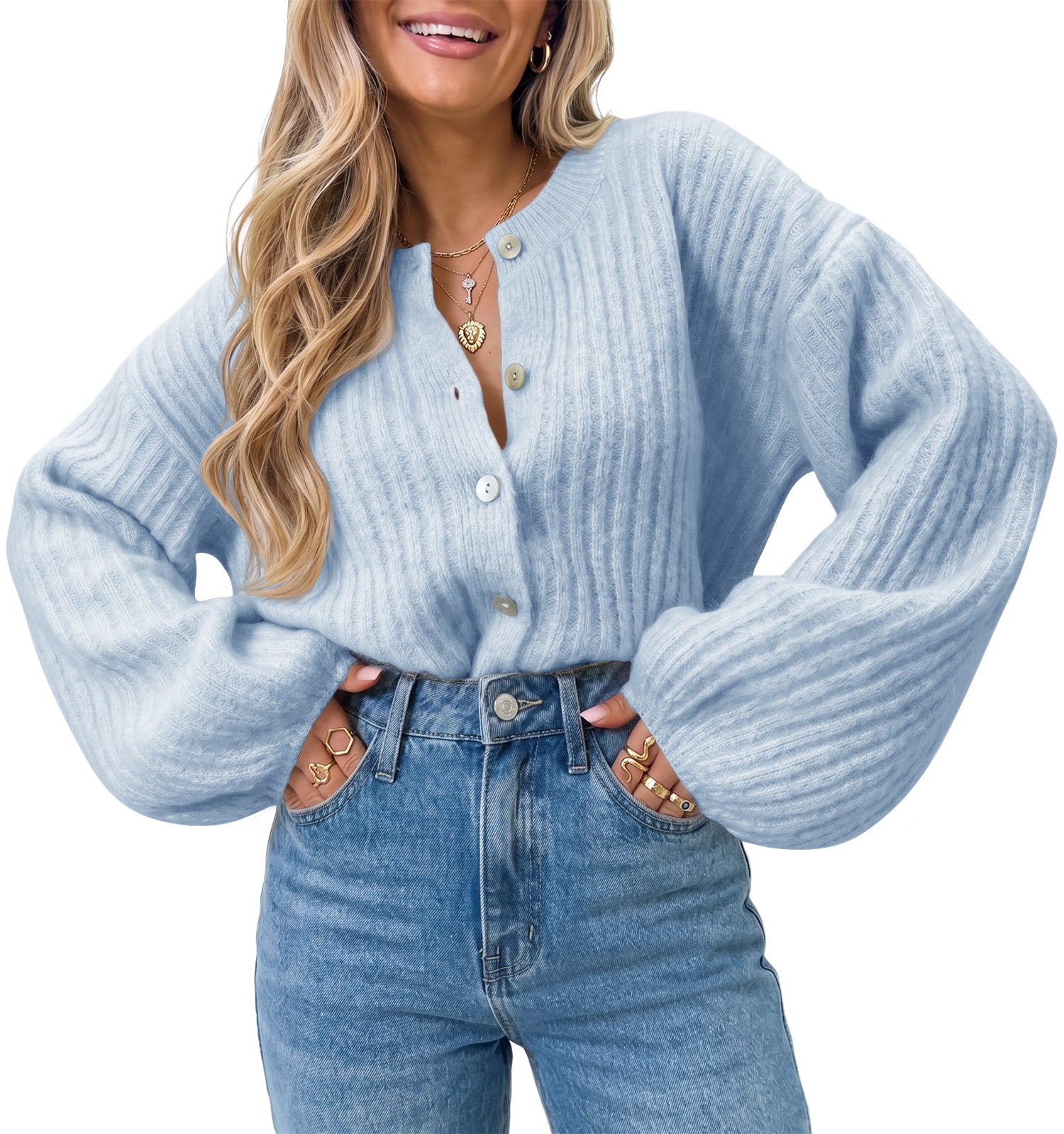 Saodimallsu Womens Lantern Sleeve Button Down Cardigan