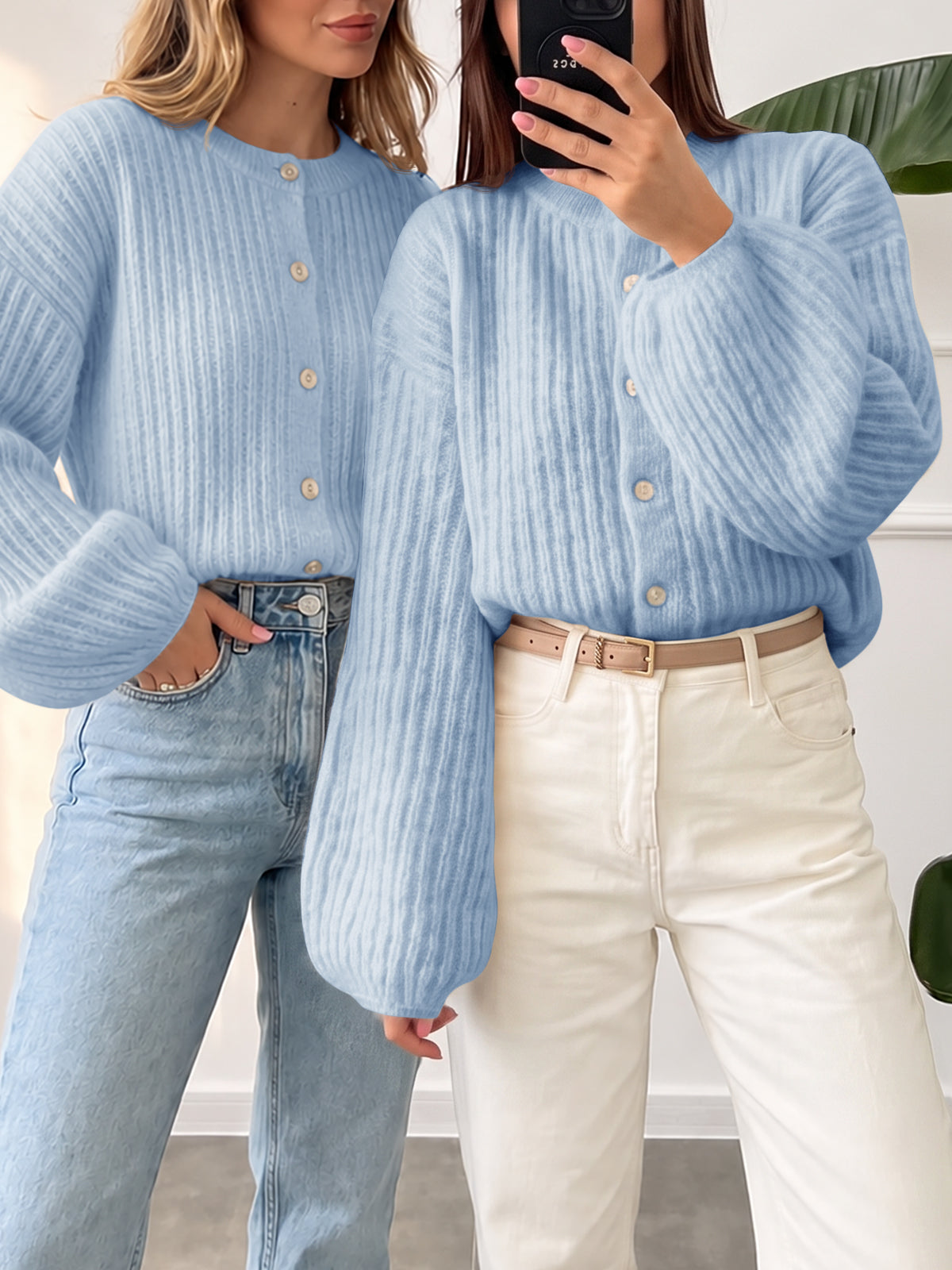Saodimallsu Womens Lantern Sleeve Button Down Cardigan